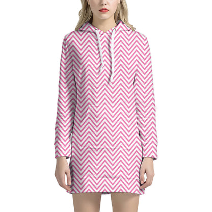 White And Pink Zigzag Pattern Print Hoodie Dress