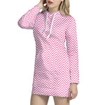 White And Pink Zigzag Pattern Print Hoodie Dress