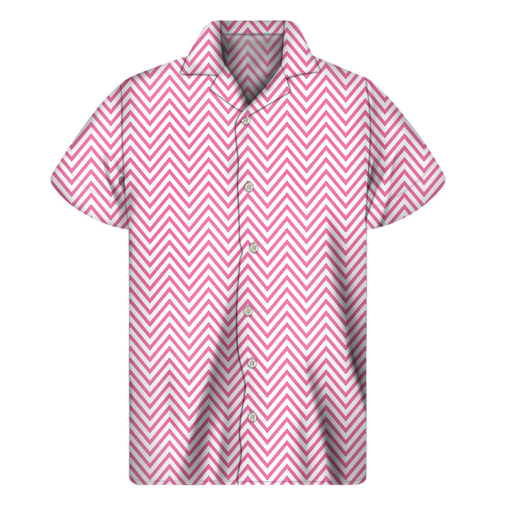 White And Pink Zigzag Pattern Print Men's Short Sleeve Shirt