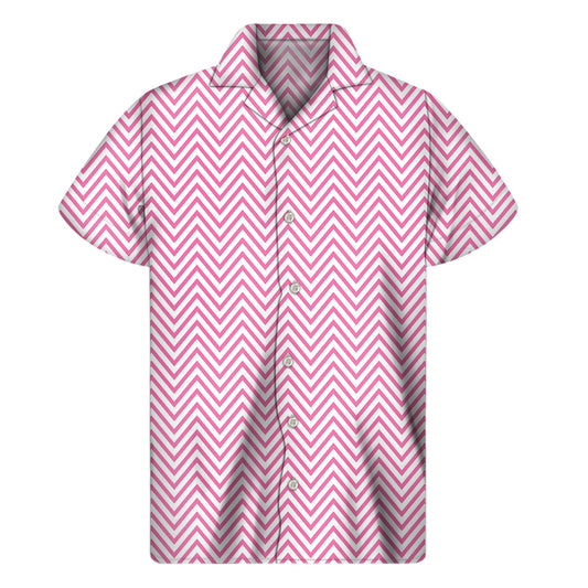 White And Pink Zigzag Pattern Print Men's Short Sleeve Shirt