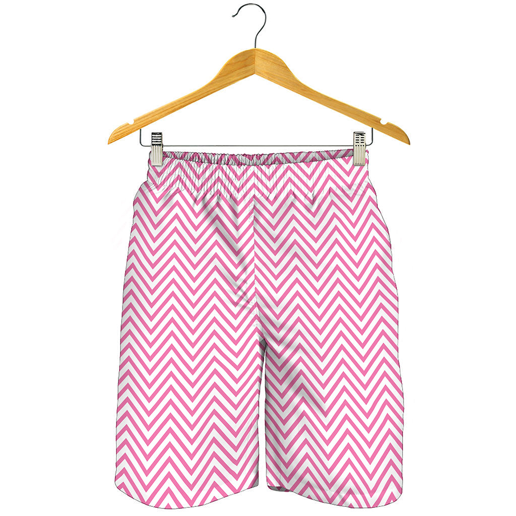 White And Pink Zigzag Pattern Print Men's Shorts