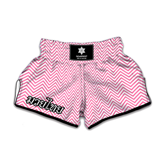 White And Pink Zigzag Pattern Print Muay Thai Boxing Shorts