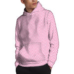White And Pink Zigzag Pattern Print Pullover Hoodie