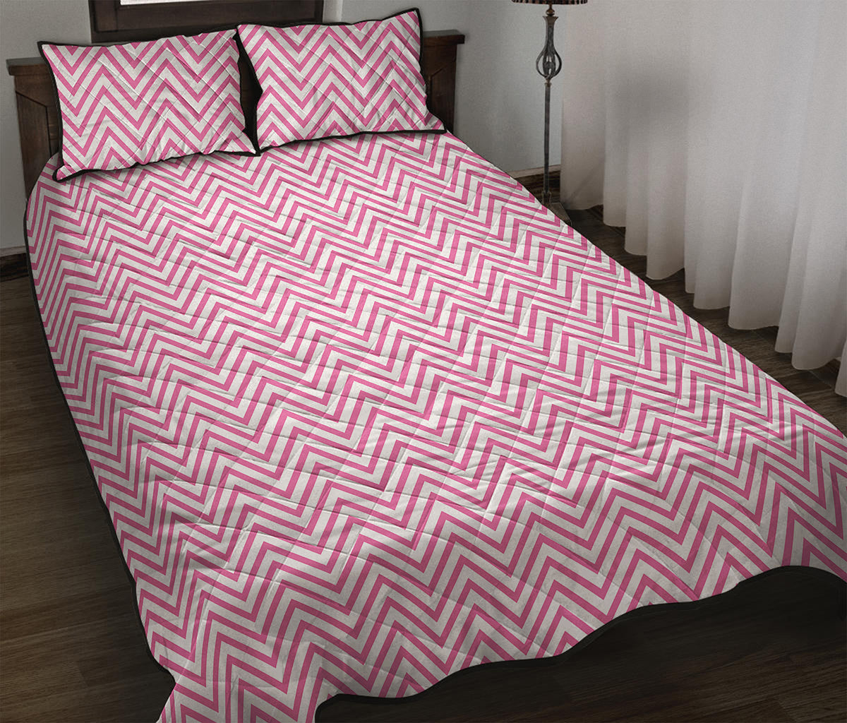 White And Pink Zigzag Pattern Print Quilt Bed Set