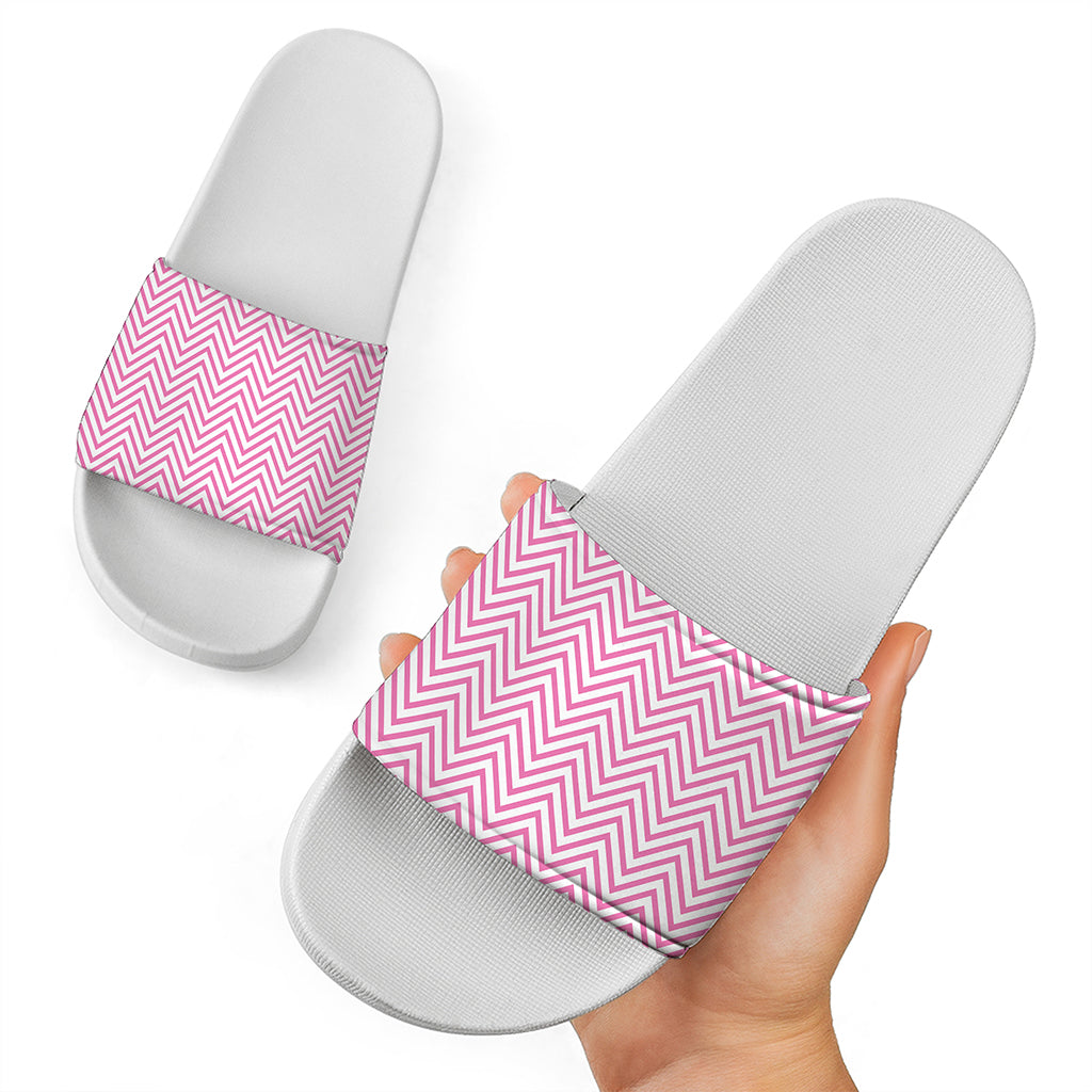 White And Pink Zigzag Pattern Print White Slide Sandals