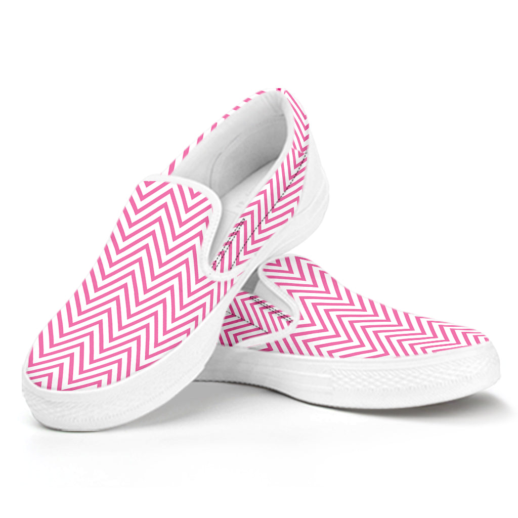 White And Pink Zigzag Pattern Print White Slip On Shoes