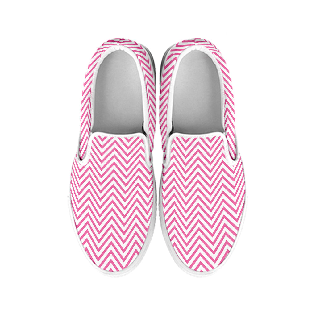 White And Pink Zigzag Pattern Print White Slip On Shoes