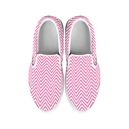 White And Pink Zigzag Pattern Print White Slip On Shoes