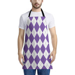 White And Purple Argyle Pattern Print Apron