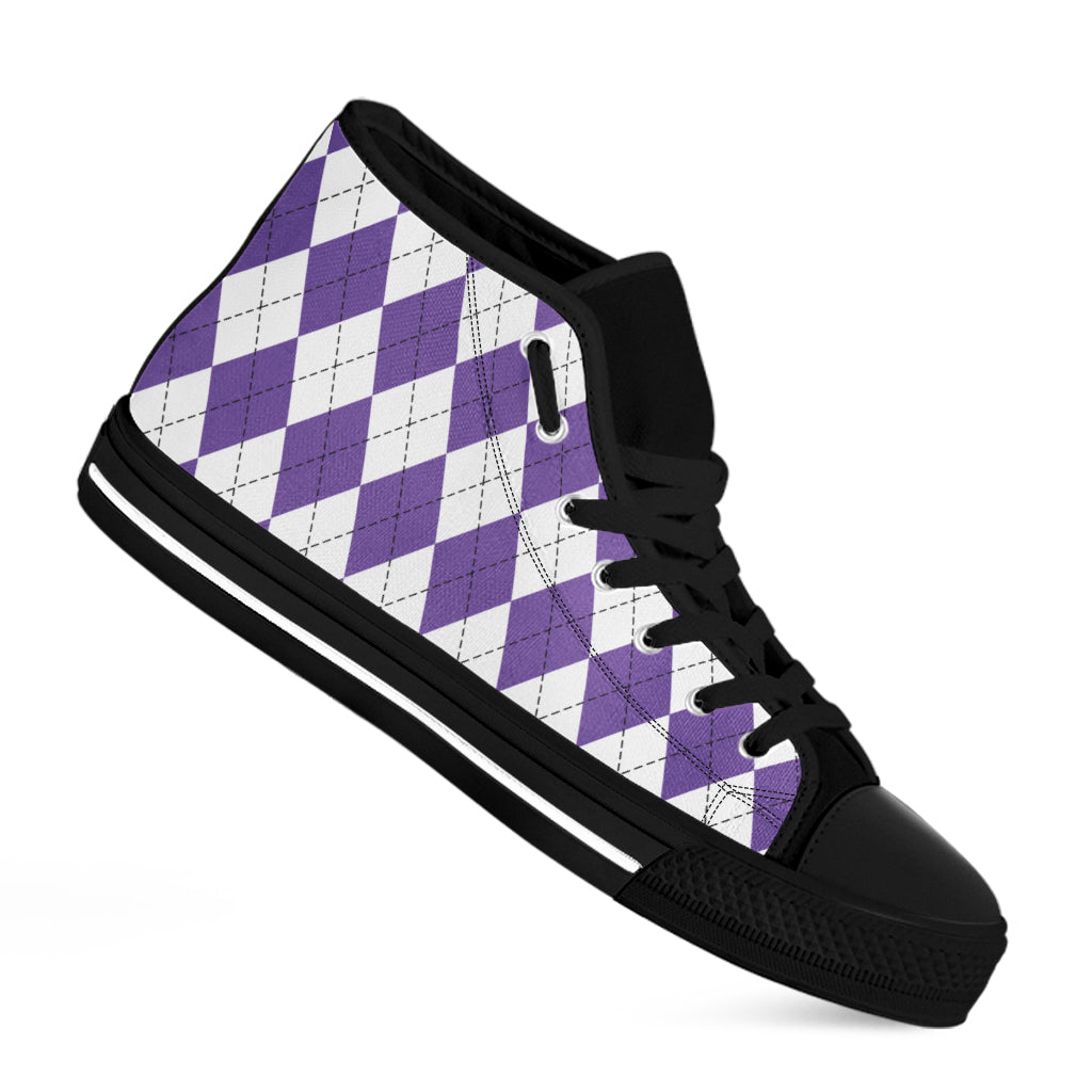 White And Purple Argyle Pattern Print Black High Top Shoes
