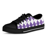 White And Purple Argyle Pattern Print Black Low Top Shoes