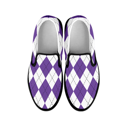 White And Purple Argyle Pattern Print Black Slip On Shoes
