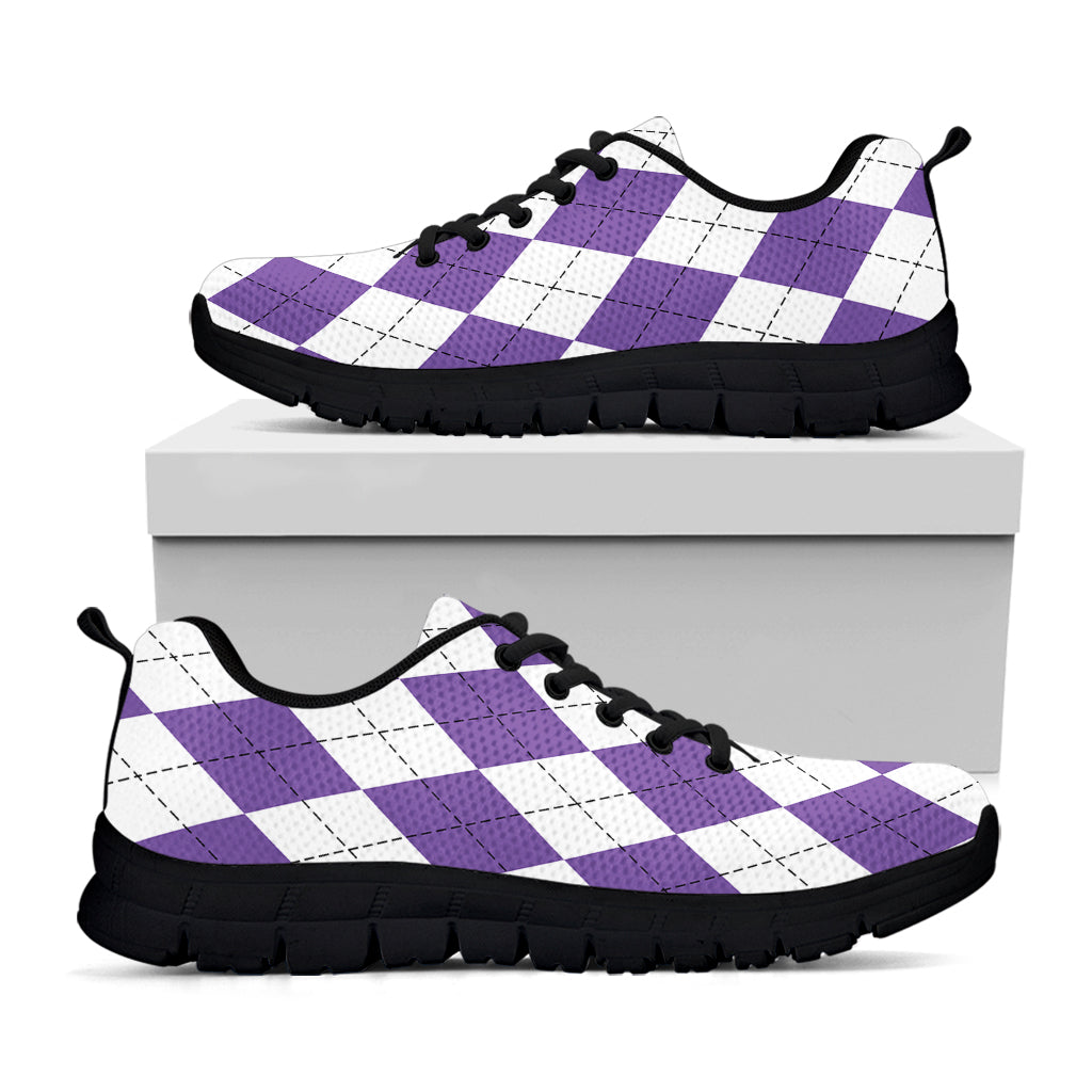 White And Purple Argyle Pattern Print Black Sneakers
