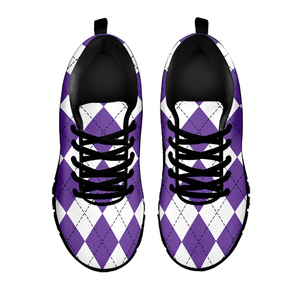 White And Purple Argyle Pattern Print Black Sneakers