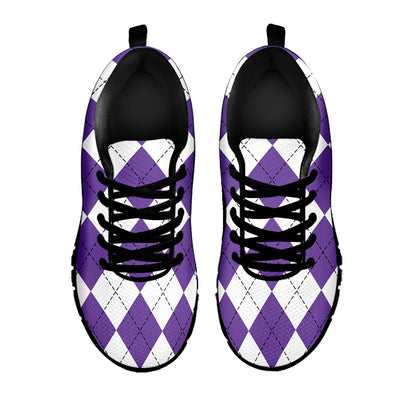 White And Purple Argyle Pattern Print Black Sneakers