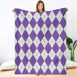 White And Purple Argyle Pattern Print Blanket
