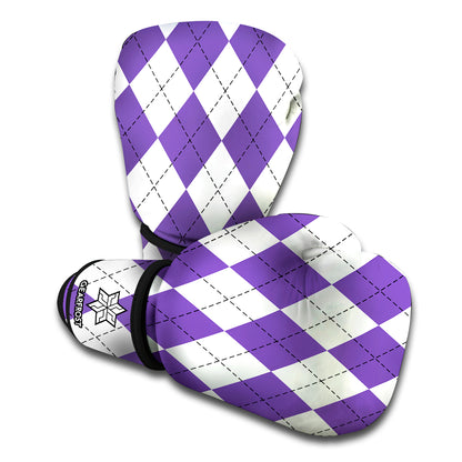 White And Purple Argyle Pattern Print Boxing Gloves