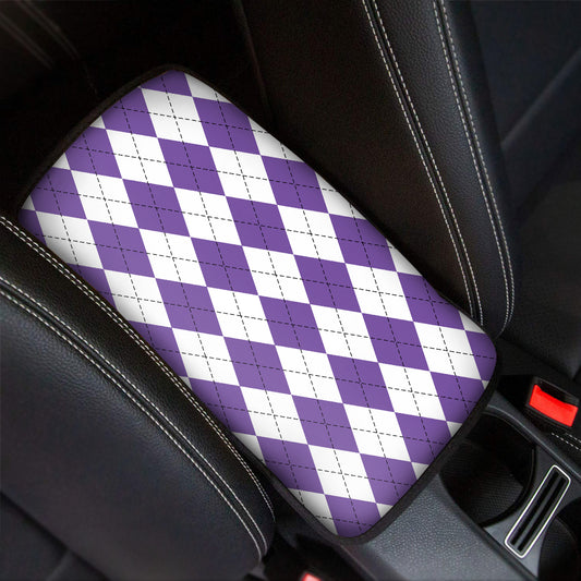 White And Purple Argyle Pattern Print Car Center Console Cover