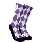 White And Purple Argyle Pattern Print Crew Socks