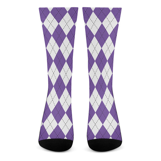 White And Purple Argyle Pattern Print Crew Socks