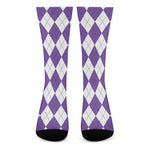 White And Purple Argyle Pattern Print Crew Socks