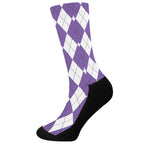 White And Purple Argyle Pattern Print Crew Socks