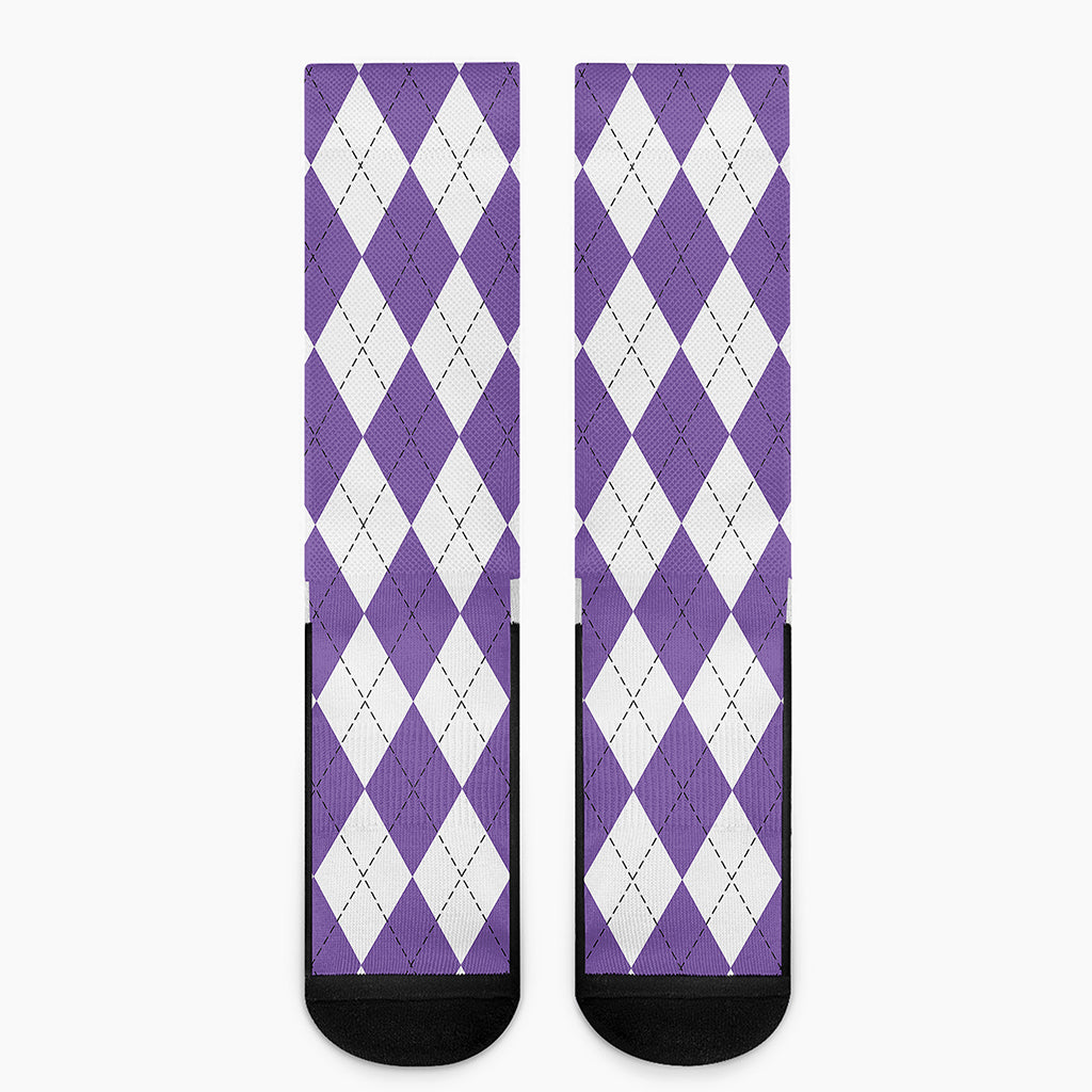 White And Purple Argyle Pattern Print Crew Socks