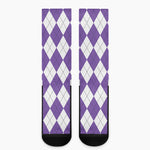 White And Purple Argyle Pattern Print Crew Socks