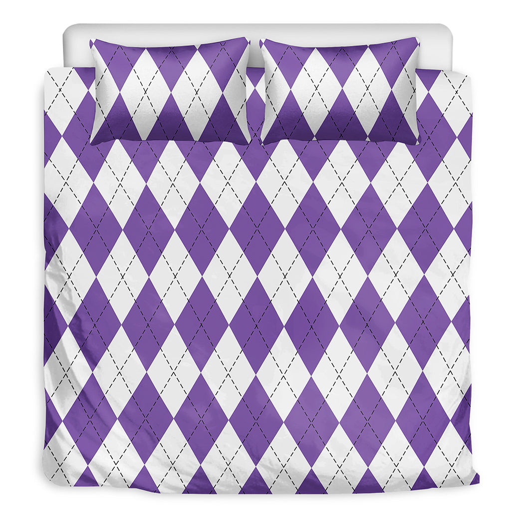 White And Purple Argyle Pattern Print Duvet Cover Bedding Set