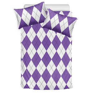 White And Purple Argyle Pattern Print Duvet Cover Bedding Set