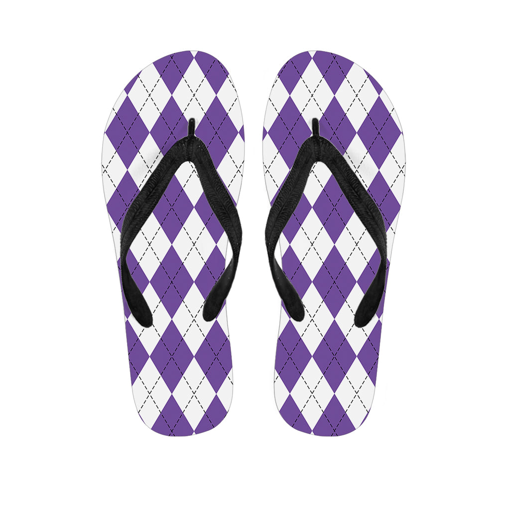White And Purple Argyle Pattern Print Flip Flops