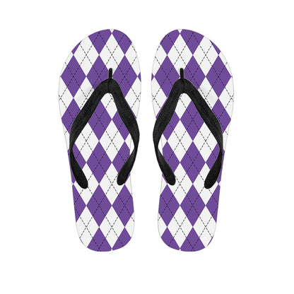 White And Purple Argyle Pattern Print Flip Flops