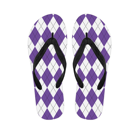 White And Purple Argyle Pattern Print Flip Flops