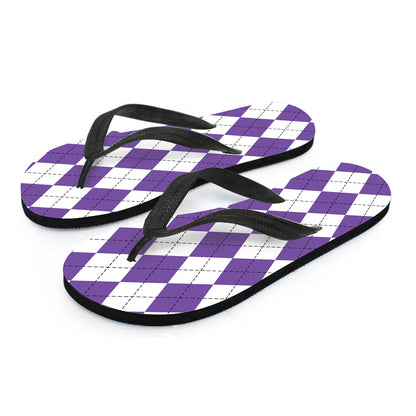 White And Purple Argyle Pattern Print Flip Flops
