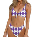 White And Purple Argyle Pattern Print Front Bow Tie Bikini