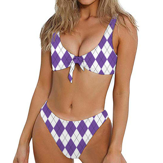 White And Purple Argyle Pattern Print Front Bow Tie Bikini