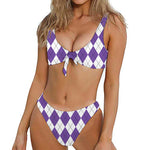 White And Purple Argyle Pattern Print Front Bow Tie Bikini