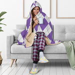 White And Purple Argyle Pattern Print Hooded Blanket
