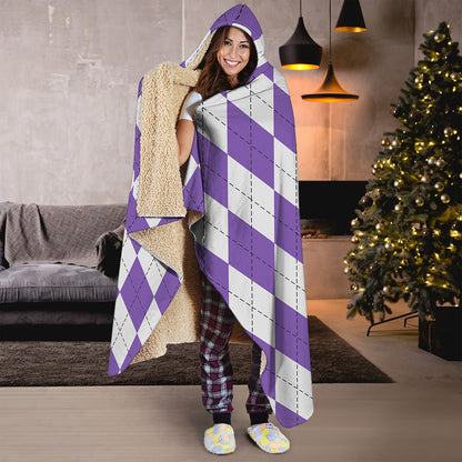 White And Purple Argyle Pattern Print Hooded Blanket