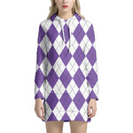 White And Purple Argyle Pattern Print Hoodie Dress