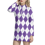 White And Purple Argyle Pattern Print Hoodie Dress
