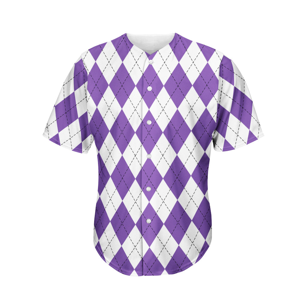 White And Purple Argyle Pattern Print Men's Baseball Jersey