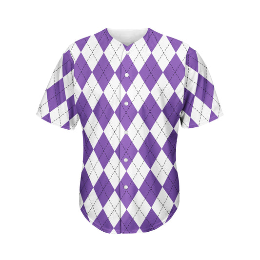 White And Purple Argyle Pattern Print Men's Baseball Jersey