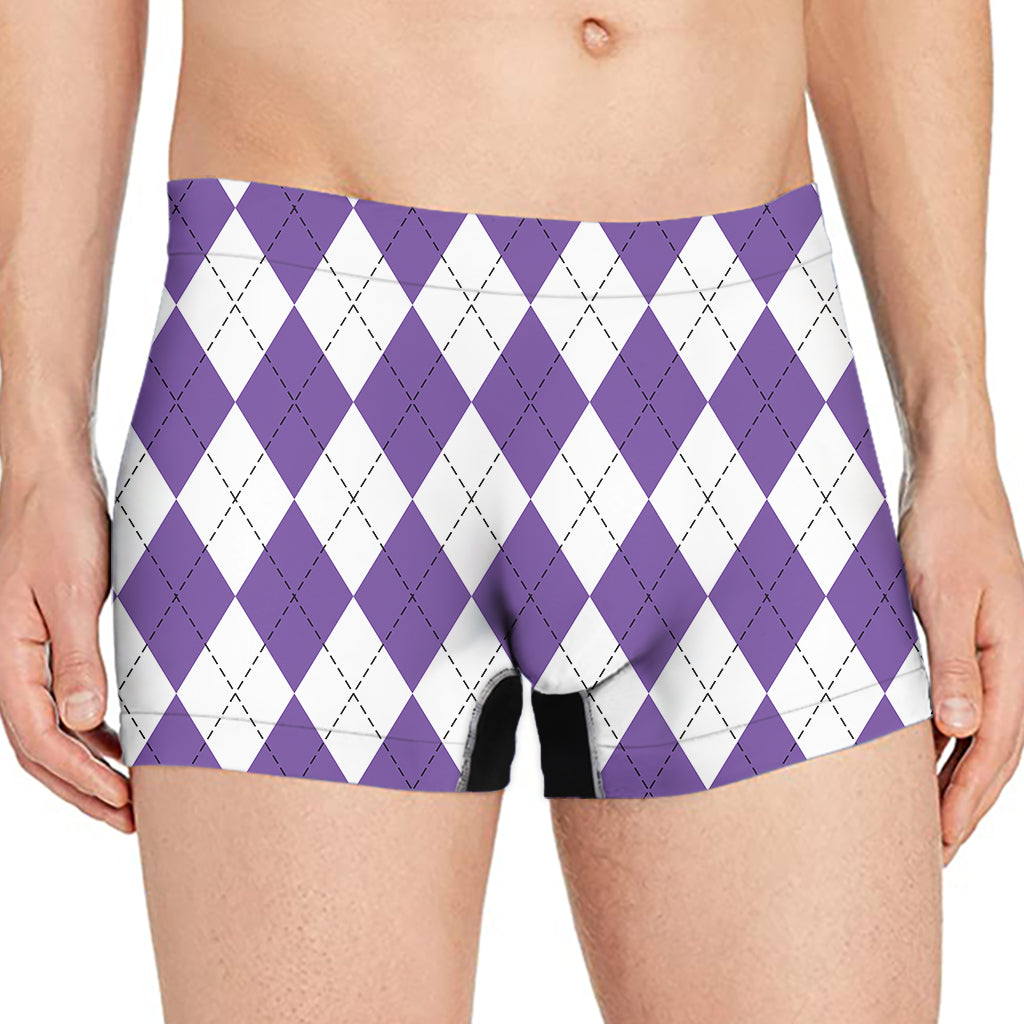 White And Purple Argyle Pattern Print Men's Boxer Briefs
