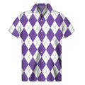 White And Purple Argyle Pattern Print Men's Short Sleeve Shirt