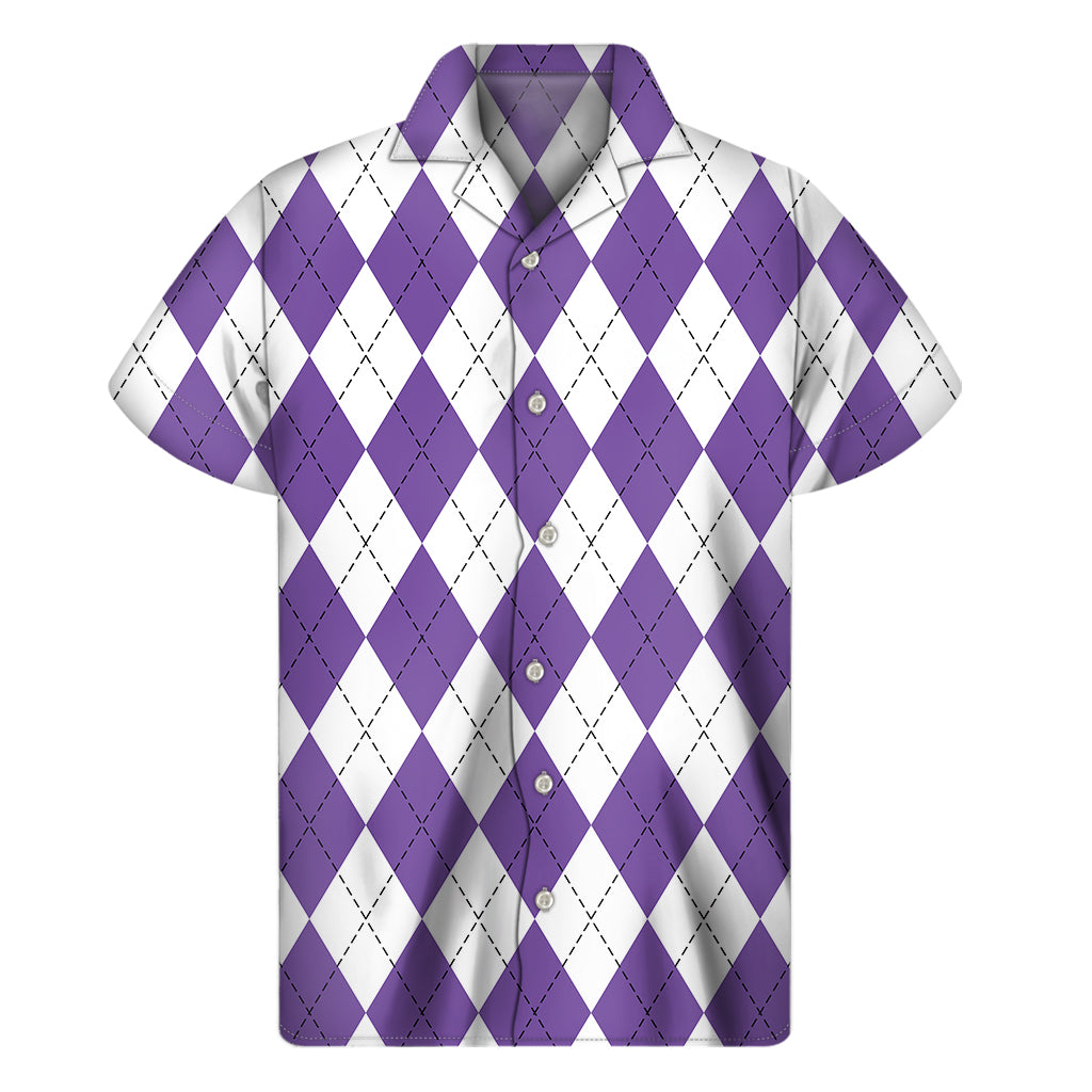 White And Purple Argyle Pattern Print Men's Short Sleeve Shirt