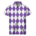 White And Purple Argyle Pattern Print Men's Short Sleeve Shirt