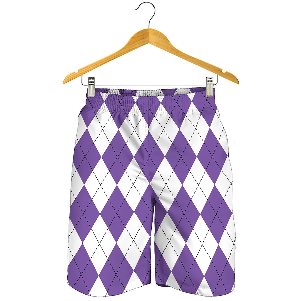 White And Purple Argyle Pattern Print Men's Shorts