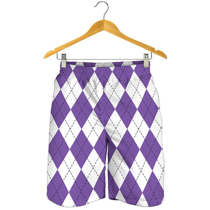 White And Purple Argyle Pattern Print Men's Shorts