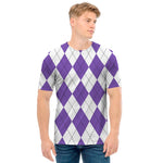 White And Purple Argyle Pattern Print Men's T-Shirt